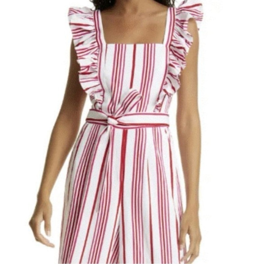 Ted Baker Birdiee Ruffle Square Neck Jumpsuit Red Stripes On White SZ 0 = US 2